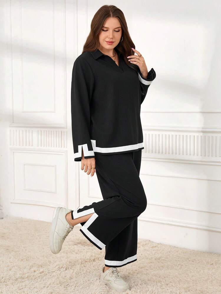 Plus Size Casual Commuter Contrast Trim Long Sleeve Top And Pants 2 Pieces Set, 2 Piece Casual Sets Woman, Autumn/Winter,2025 New