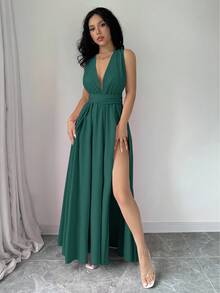 SHEIN Raffinéa Sexy Backless Split Hem Maxi Emerald Dress Formal For Holiday And Party - Dark Green - View 7