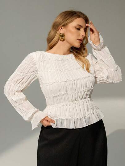Auralis Plus Size Women's Elegant Ruffled Sleeve Solid Color Peplum Top, Spring/Autumn Curvy Blouses Plus Size Blouses White White Plus Size Tops Plus Size Women Blouse/Striped Chiffon Stretch Jacquard Flared Long Sleeves, Round Neck, Waisted Umbrella Hem, Ruffled Hem, White Shirt/Top For Concerts/Performances/Dates/High-End Banquets/Dances/Weddings/Valentine's Day/Parties/Sexy/Commuting/Elegant Romance/Office Charm/Siren Style/Birthday Parties Smocked Top White Elegant Top Tops For Women Elegant Elegan