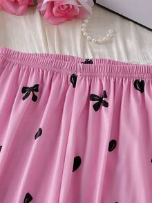 女童字母蝴蝶结印花长袖上衣和全印花蝴蝶结牛奶丝面料舒适裤子睡衣套装 - 黑色 - 查看 7