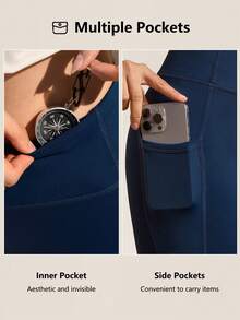 Easithlete Women's Solid Color Casual Elastic Fitted Outdoor Leggings - Navy Blue - View 3