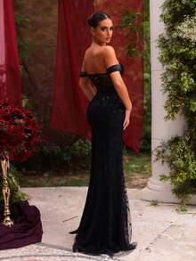 Glamrae Váy đuôi cá trễ vai xẻ tà sang trọng, chất liệu satin thêu ren sequin, đính đá tinh xảo, có phần xếp nếp bên hông, thích hợp cho đám cưới, sự kiện, tiệc tùng, ngày lễ, dạ tiệc (đính đá tinh xảo) - màu đen - Xem 4