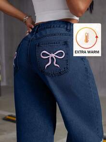 EURMUSE Quần denim dáng suông, giặt thẳng, thêu nơ cho nữ, chất liệu denim dày dặn - Màu xanh hải quân - Xem 3