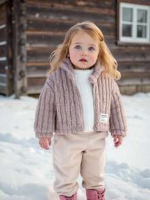 SHEIN Baby Girls' Autumn/Winter Solid Color Striped Hooded Jacket, Fashionable Design With High-Quality Soft And Comfortable Fabric, Solid Color Simple Style With Plush 3D Ear Design, Loose Fit Suitable For Outdoor Play, Indoor Leisure, Sports And Parties - Mocha Brown - View 8