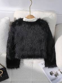 SHEIN Sparklyn 女孩休闲人造毛皮夹克，可爱时尚风格，白色蓬松舒适，适合春季、夏季、秋季，非常适合外出、购物、聚会 - 黑色 - 查看 2