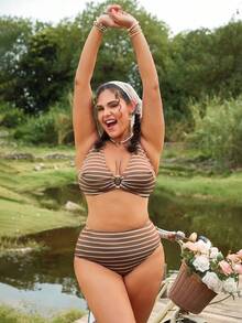 SHEIN Swim Mod Black & White Striped Plus Size Women Casual Swimwear Sets Brown Striped Plus Size Bikini For Summer Beach Vacation - Brown - View 5