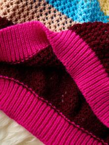 Maweii Plus Size Women Contrast Stripe Hollow Out Round Neck Casual Sweater - Hot Pink - View 7