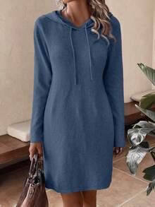EMERY ROSE Women's Casual Solid Color Hooded Knit Dress, Autumn/Winter - Dusty Blue - View 5