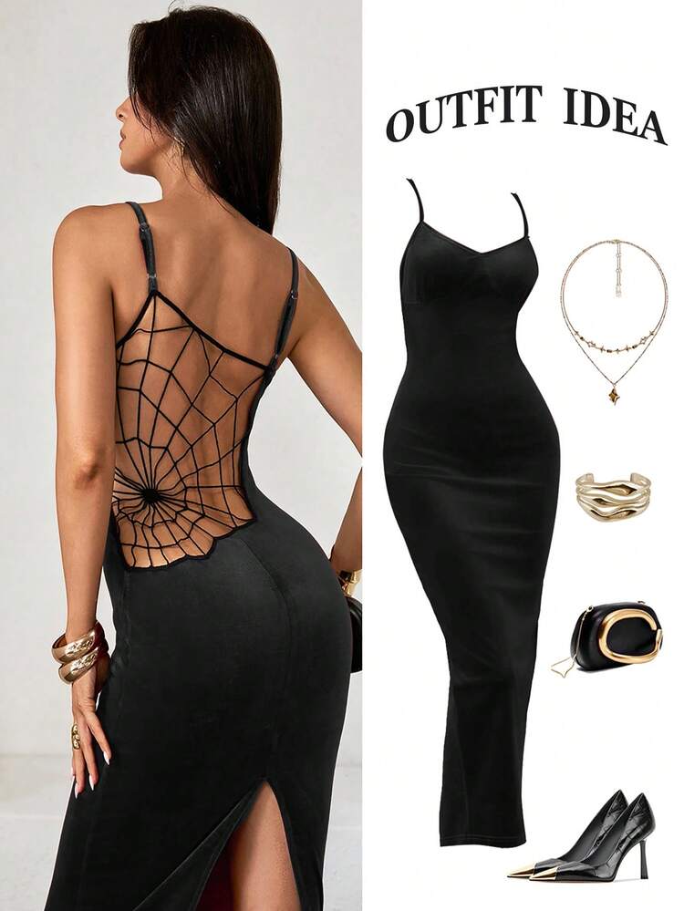 Islaluna Sexy Burgundy Velvet Halter Dress With Spider Web Decoration For Halloween. | SHEIN USA