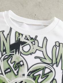 2 件/套时尚白色连帽衫搭配橄榄绿色裤子，适合青少年男孩的时尚服装，连帽衫采用绿色定位印花，面料柔软舒适，适合春秋季穿着，适合上学、郊游等。 - 軍綠色 - 查看 3