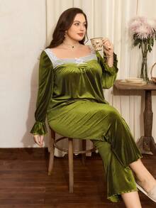 Côtesoire Plus Size French Avocado Velvet Ruched Contrast Lace Long Sleeve Top & Pants Pajama Set,Elegant Olive Green Autumn Night Wear Sleepwear - Olive Green - View 3