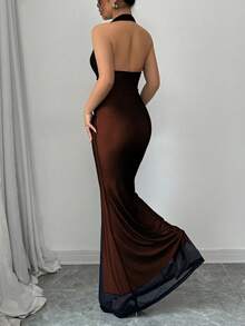 Rafferiza 优雅修身鱼尾下摆 V 领腰部褶皱针织网眼玫瑰红色衬里长款连衣裙，适合女士，秋冬