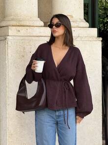 Siren Gaze 新款秋冬棕色女士开衫，时尚休闲纯色系带宽松开衫，秋季女士毛衣，保暖毛衣，绒面毛衣 - 棕色 - 查看 3