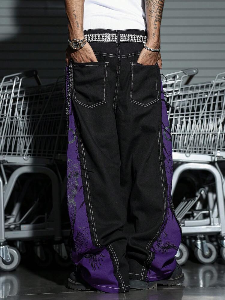 Manfinity EMRG Men's Fashion Color Block Wide Leg Jeans Baggy Pants Harajuku Pants Y2k Pants - Multicolor - View 3