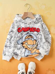 GARFIELD | SHEIN Young Boy Sporty & Cool Casual Style White & Black Cartoon Cat Print Sweatshirt, Suitable For Spring, Autumn & Winter Sweatshirt - White - View 3
