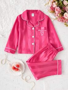 2件套少女简约香槟色条纹长袖开衫和裤子家居服套装 - 玫紅色 - 查看 3