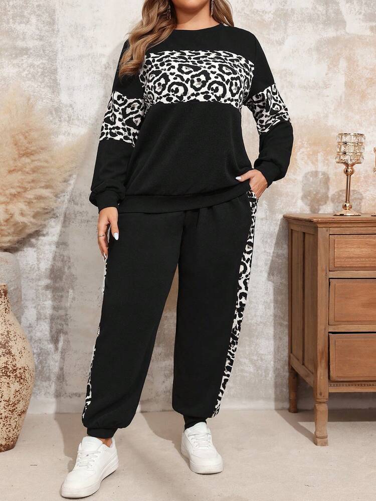 レオパード柄パッチワーク スウェットシャツ&スウェットパンツ 2点セット オーバーサイズ カジュアル 秋