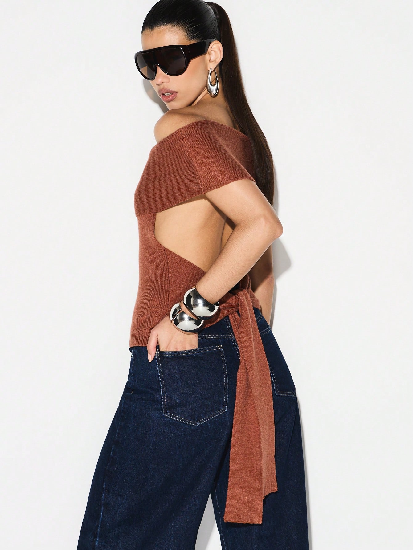 KIZN Off Shoulder Tie Back Ribbed Knit Top