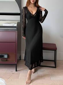 DAZY Nuisette longue pour femmes avec patchwork en dentelle et taille cintrée, pour l'hiver - Noir - Voir 3