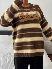 Livesso Femmes Loose Fit Lettre et Rayé Col Rond Épaule Tombante Manches Longues Pull, Automne/Hiver - Tabac - Voir 5