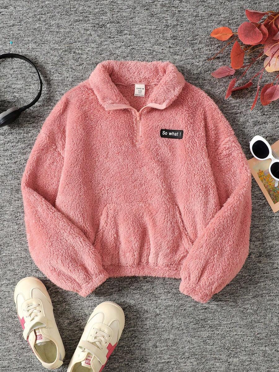 SHEIN Áo nỉ dài tay cổ đứng màu trơn đơn sắc cho bé gái mùa thu đông - Hồng - Xem 1