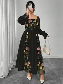 Modelyn 优雅花卉刺绣拼布加大码女式圆领长袖连衣裙 - 彩色 - 查看 3