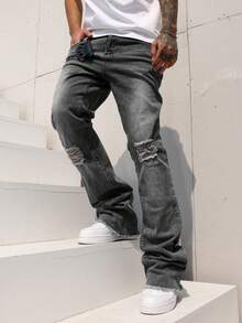 Manfinity Homme Men's Pocket Distressed Frayed Hem Flare Leg Casual Jeans Men Distressed Jeans - Dark Grey - View 5