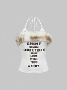 ROMWE Avant 复古 Y2K 性感露背拼布人造毛皮十字字母印花紧身吊带背心 - 白色 - 查看 1