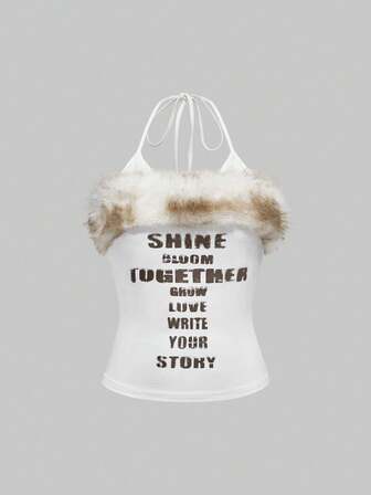 ROMWE Avant Camiseta sin mangas ajustada con estampado de letra cruzada de piel sintética de retazos en estilo retro Y2K sexy