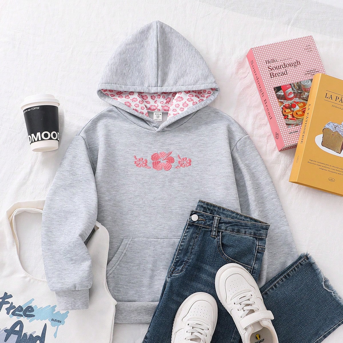 Sudadera informal con lazo rosa bordado para niña preadolescente