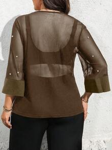 Elenzga Áo thun tay ngắn thanh lịch cổ tròn lưới mỏng cỡ lớn dành cho nữ dự tiệc, ngày lễ tình nhân, thời trang thường ngày, xuân/hè - màu nâu - Xem 2