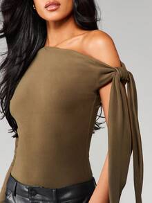 MISSGUIDED One Shoulder Draped Bodysuit With Long Sleeve Tie Detail For Evening Party Occasions - Army Green - View 7