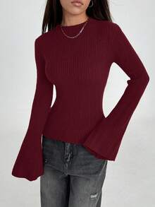 Flirla Áo len bó tay chuông màu trơn thời trang dành cho nữ, Thu/Đông - Màu Đỏ Sâu - Xem 7