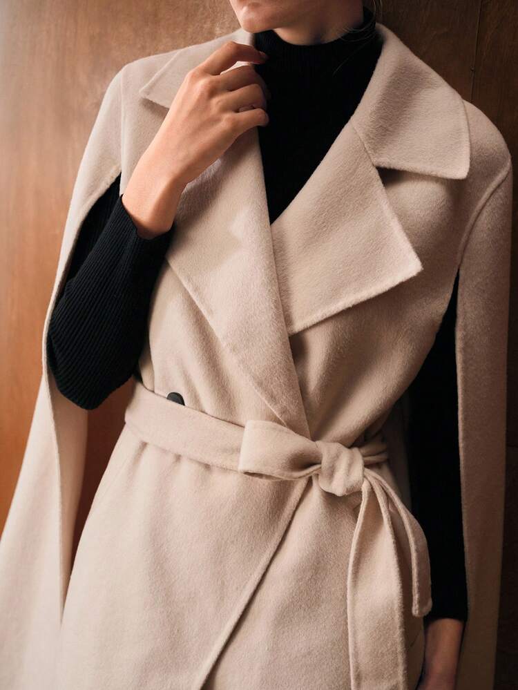ELEGANT WOOL LONG OVERCOAT WITH WAIST BELT, AUTUMN/WINTER