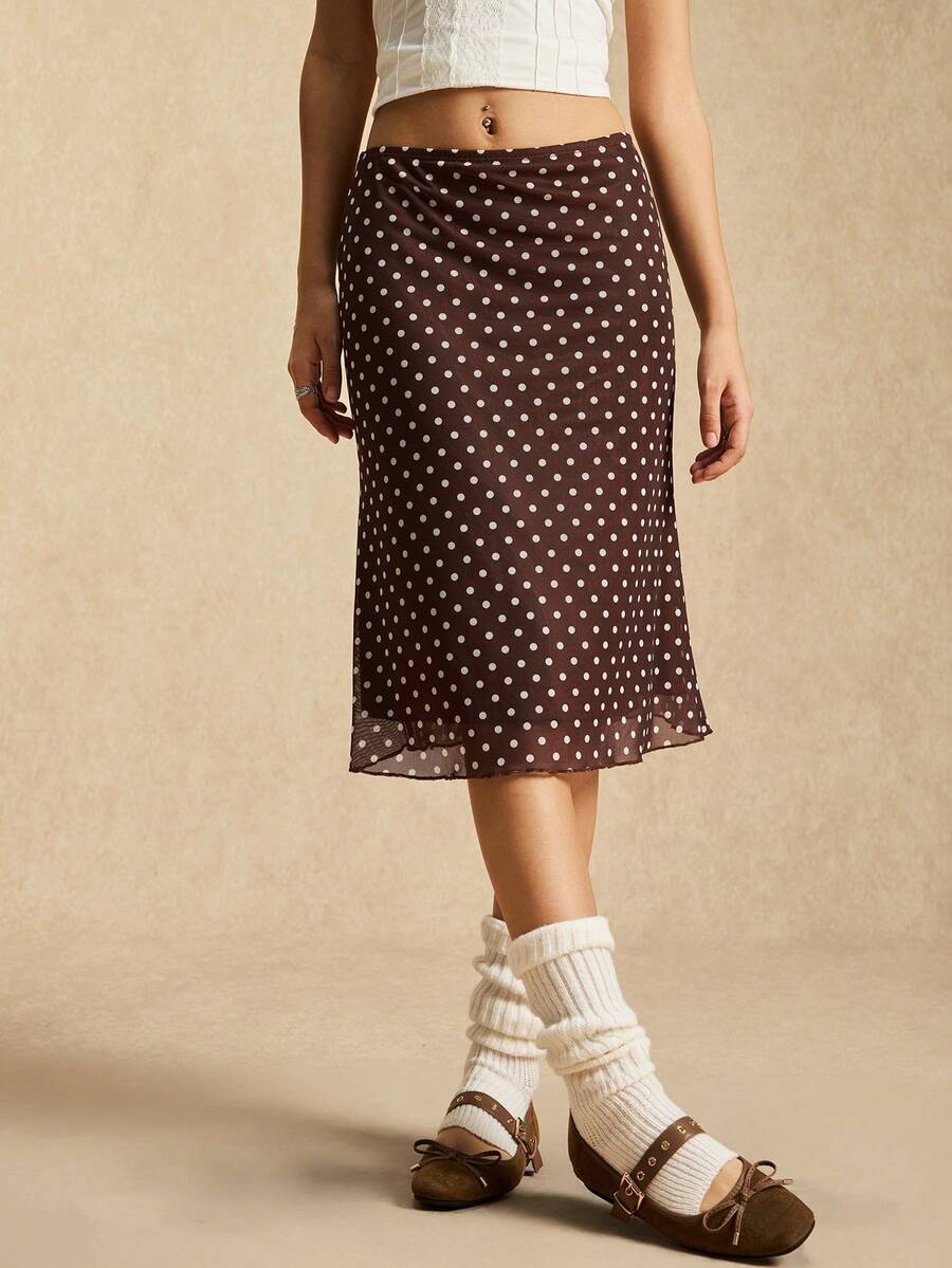 Easelle Coffee Brown Polka Dot Mesh Skirt, Midi Skirt, Brown Mesh, Retro Casual Style, 2025 Autumn/Winter. - Coffee Brown - View 1