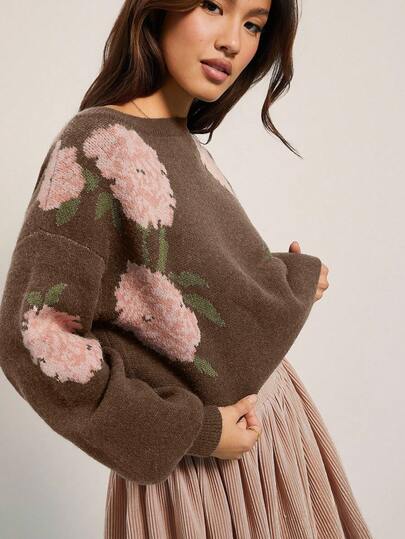 WESTFADE 乡村西部风花卉嵌花船领长袖针织毛衣，休闲可爱，西部风，波西米亚风，秋季，冬日