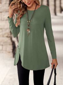 EMERY ROSE Women's Casual Solid Color Round Neck Long Sleeve T-Shirt - Army Green - View 5
