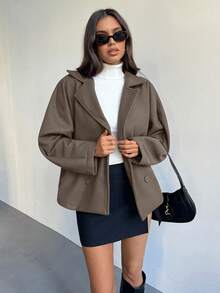 Aloruh 优雅别致露肩宽松高领双排扣羊毛外套，秋冬 - 棕色 - 查看 8