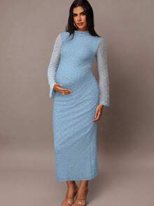 MaterniChic 优雅派对喇叭袖修身孕妇装 - 藍色 - 查看 6