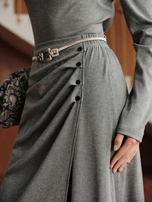 Uhlyne Minimalist Pleated Beaded Sweater & A-Line Button Pleated Skirt Set, Elegant Off Shoulder Knit Sweater & Maxi Skirt, Artistic Design, Casual, Party, 2-Piece Set - Dark Grey - View 2