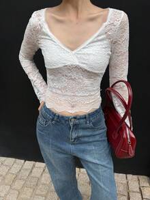 K-Vae 女士蕾丝拼接贝壳边休闲长袖衬衫，日常穿着 - 白色 - 查看 7