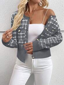 EMERY ROSE 休闲格子前扣圆领贴袋开衫，秋冬 - 深灰色 - 查看 6