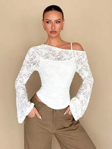 Rafferiza Women's Elegant Solid Color Textured Asymmetric Shoulder Flare Sleeve Top, Autumn - White - View 5