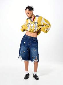 SUMWON WOMEN 破洞牛仔短裤，带孔眼细节，磨损下摆，休闲夏季百慕大风格高腰牛仔短裤，节日时尚 - 藏蓝色 - 查看 3