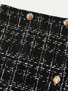 SHEIN Tween Girl Flap Pocket Tweed Jacket And Double-Breasted Mini Skirt Set - Black - View 4