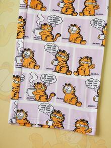GARFIELD | SHEIN 2 件套青少年女孩针织休闲全身印花圆领长袖上衣和全印花直筒裤睡衣套装 - 白色 - 查看 7