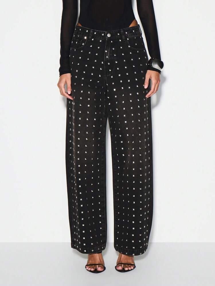 KIZN Studded Wide Leg Jeans With Metal Details