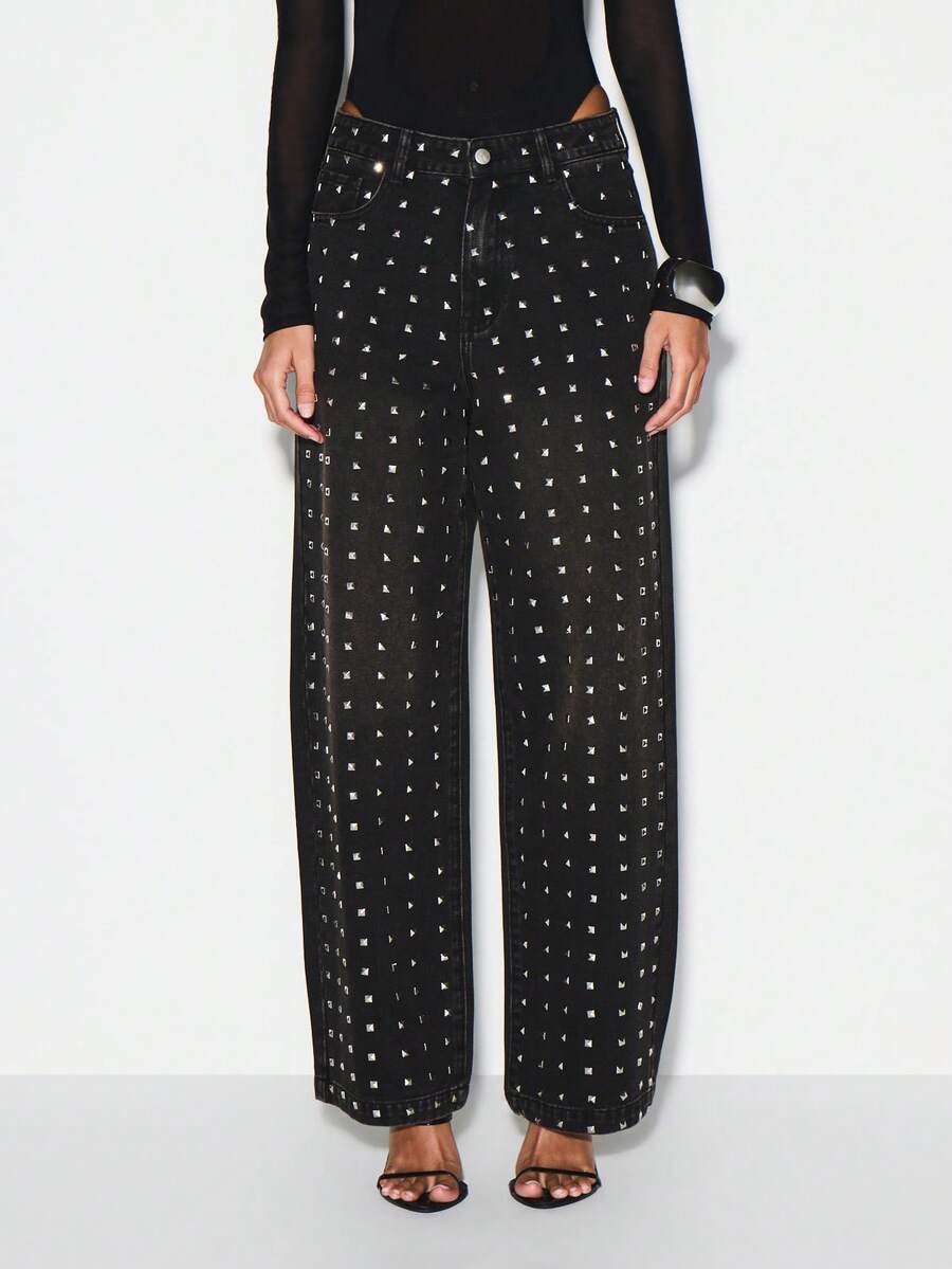 KIZN 铆钉高腰阔腿牛仔裤，适合音乐节演唱会穿着，前卫个性牛仔裤，全身金属铆钉图案 - 灰色 - 查看 1