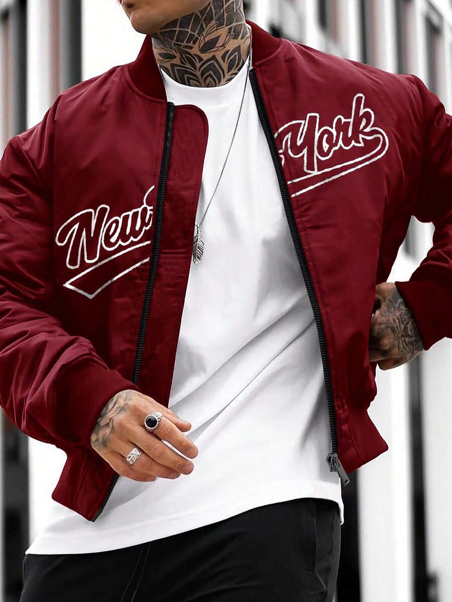 Manfinity Homme Men's Contrast Color Print Zip-Up Long Sleeve Jacket Coat Men Varsity Jacket Streetwear Jackets Men Graphic Jacket Men Bomber Jacket - Red - View 1