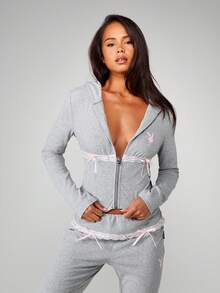 Missguided x Playboy 罗纹连帽拉链上衣，蕾丝边细节，打造日常休闲舒适感 - 淺灰色 - 查看 5